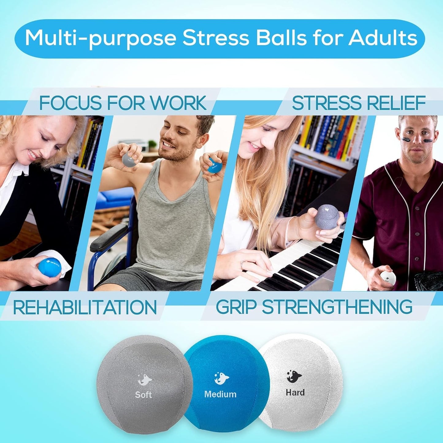Serenilite Hand Therapy Exercise Stress Ball Bundle - Tri-Density Stress Balls F