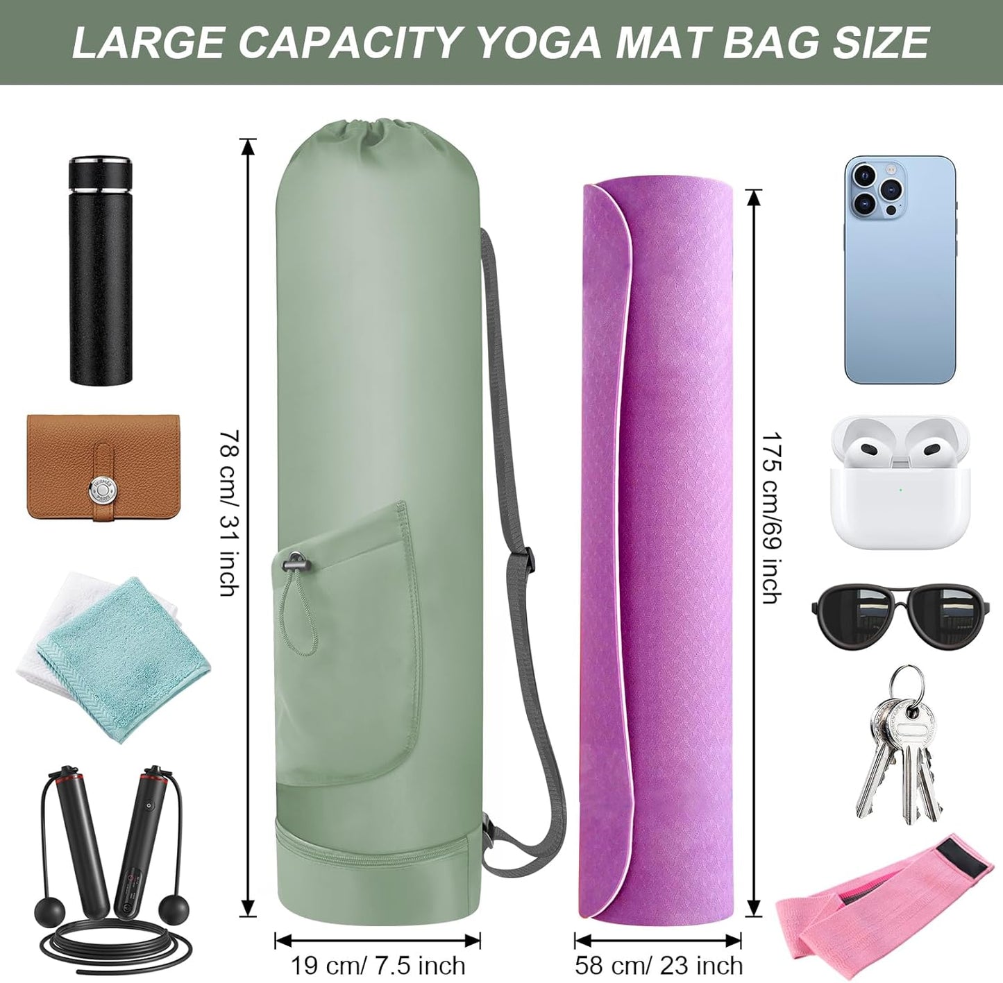 Yoga Mat Bag with Water Bottle, Full Zip Yoga Mat Carrier with Adjustable Strap