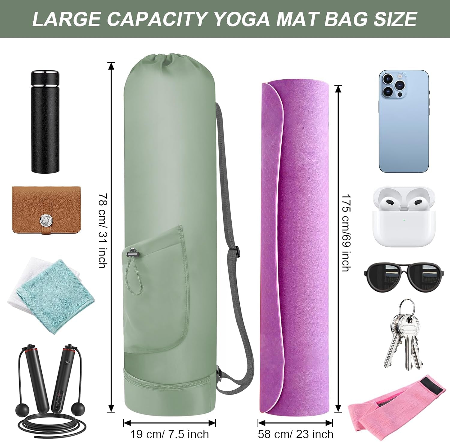 Yoga Mat Bag with Water Bottle, Full Zip Yoga Mat Carrier with Adjustable Strap
