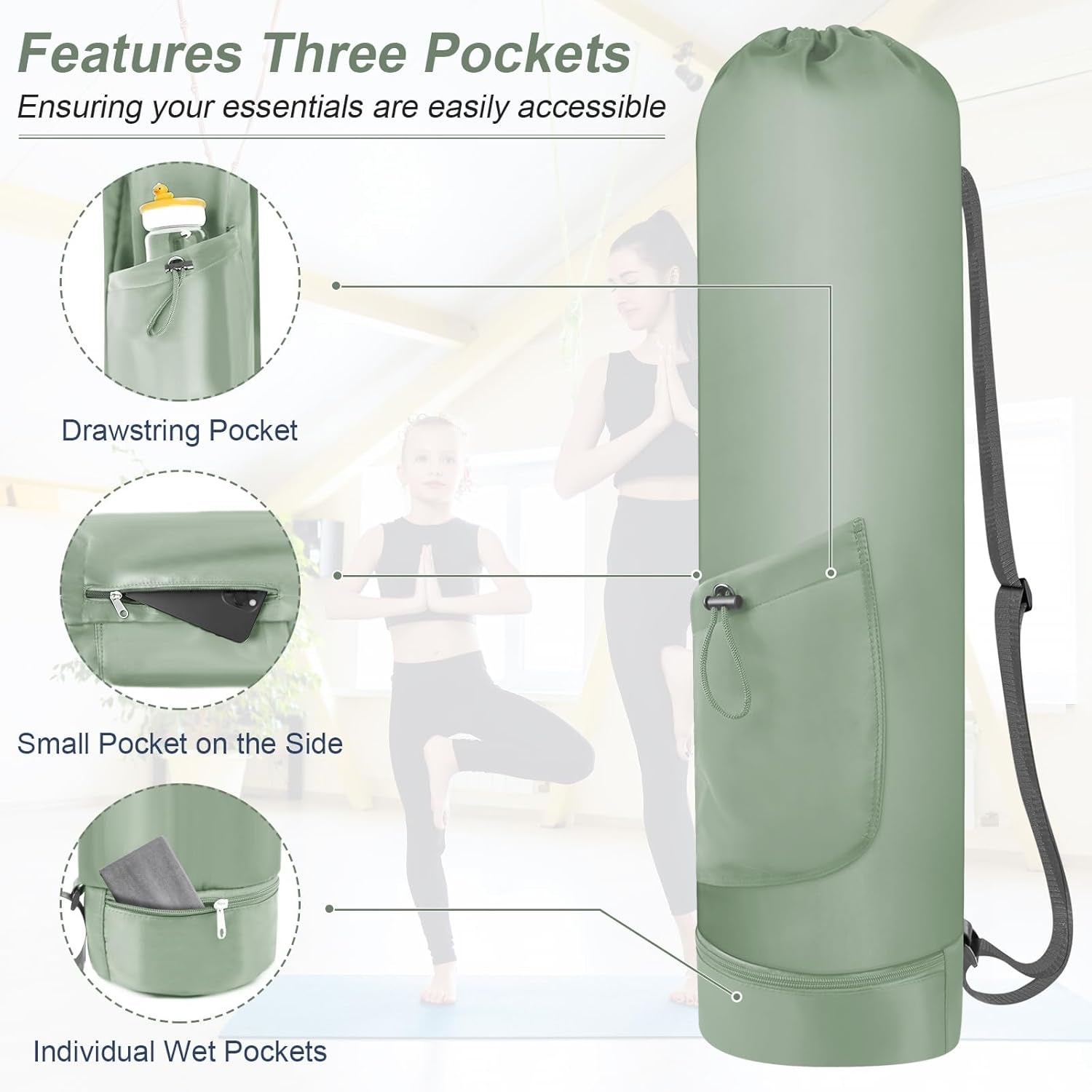 Yoga Mat Bag with Water Bottle, Full Zip Yoga Mat Carrier with Adjustable Strap