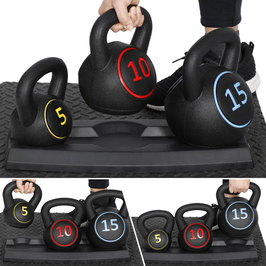 3-Piece Kettlebell Set with Storage Rack Exercise Fitness Weights Indoor Gym